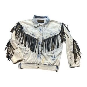Vintage Winlit Acid Washed Denim Jacket Women's Size XL Leather Tassels